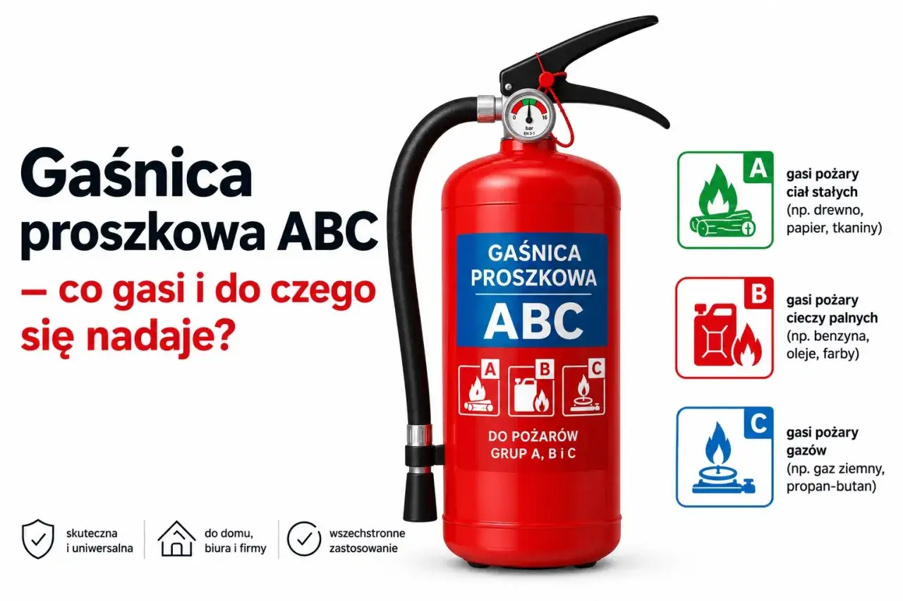 Czerwona gaśnica proszkowa ABC skutecznie gasi pożary ciał stałych, cieczy palnych i gazów. Wszechstronne zastosowanie w domu, biurze i firmie.