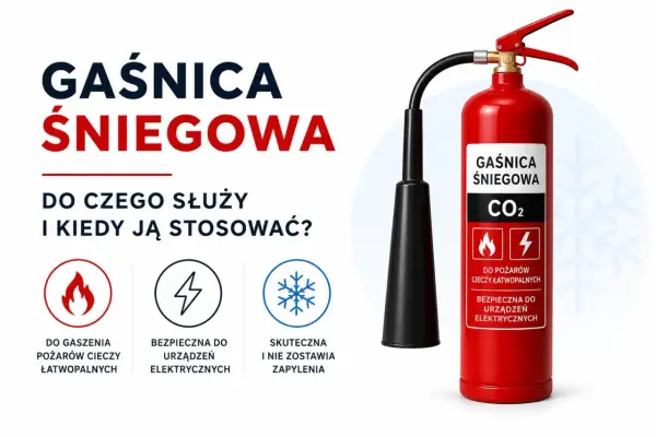 Gaśnica śniegowa CO2: do czego służy? Do gaszenia pożarów cieczy łatwopalnych i urządzeń elektrycznych. Nie zostawia zapylenia.